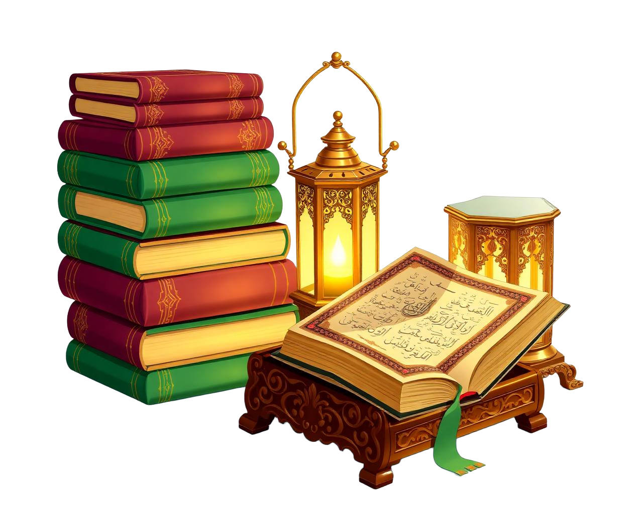Illustration of an open Qur'an on a wooden rehal with antique books and a golden lantern